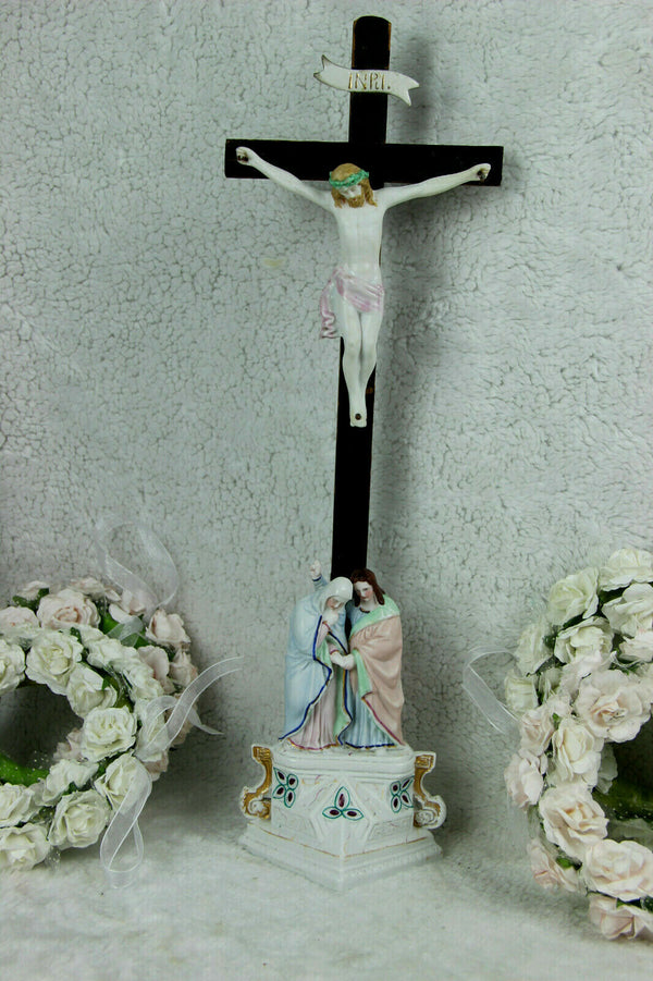 Antique Religious vieux paris  porcelain Crucifix Cross christ Mary magdalena