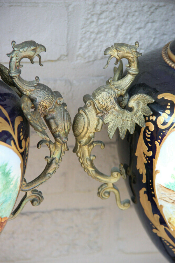 XL pair French porcelain de sevres Vases bronze dragons gothic Rare