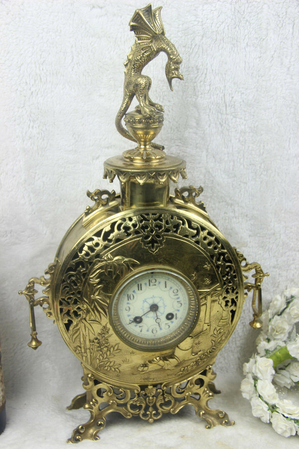 Antique french copper mantel clock gothic dragon chimaera crawling top