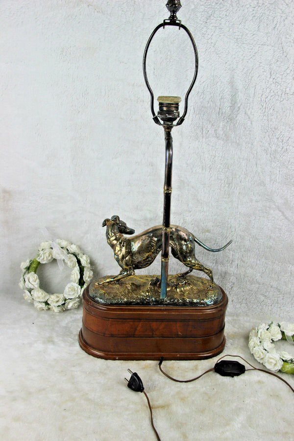 Mid century 1970 Bronze silver patina Greyhound whippet dog lamp wood base