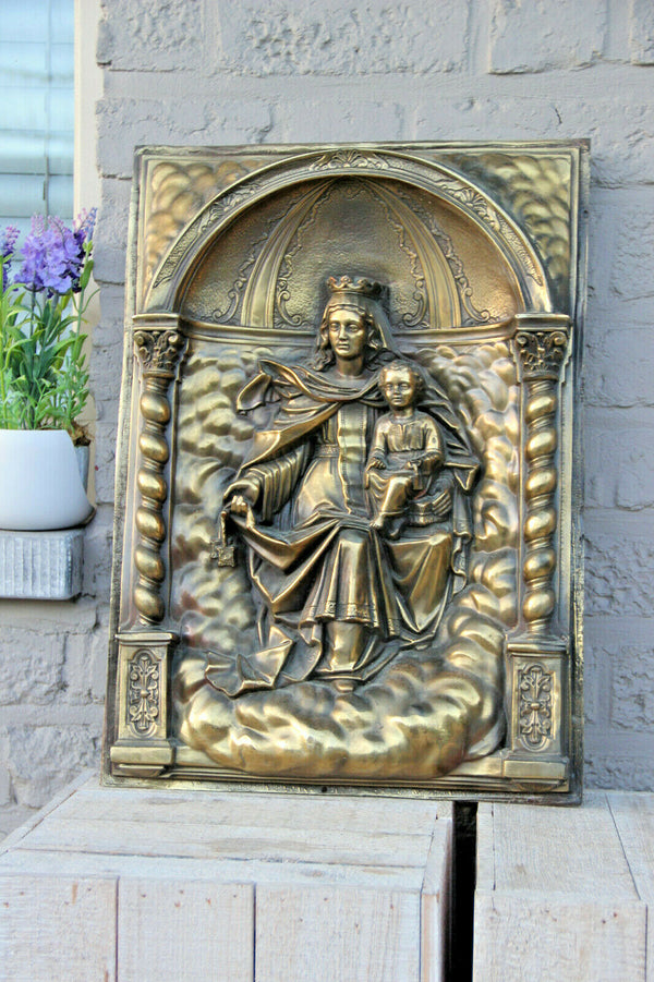 Large antique French copper embossed Relief madonna child wall panel plaque