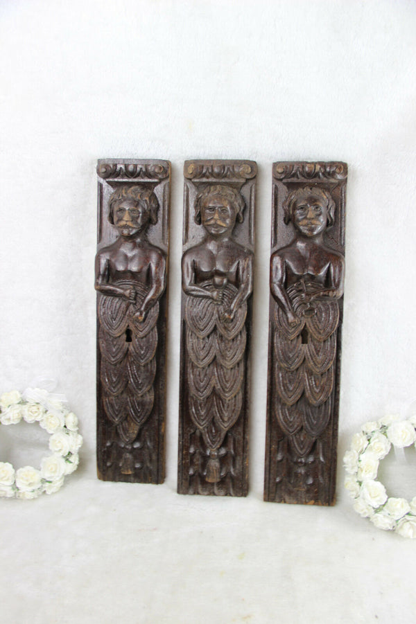 Antique 3 x French wood carved Cabinet panels male figurine holding attributes