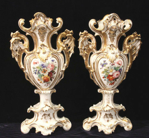 Unusual PAIR XL VIEUX PARIS porcelain Dragon handle Vases XIX attr. jacob petit