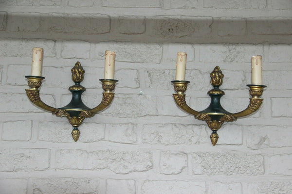 Antique PAIR bronze empire Satyr portrait heads wall lights sconces