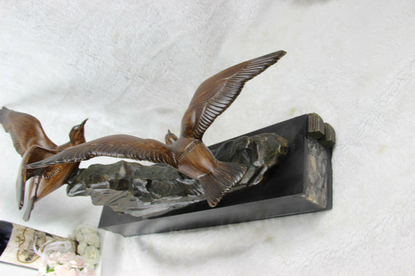 Large French 1930 art deco marble spelter bronze birds statue sculpture