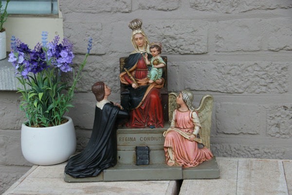 Rare French Antique religious chalkware Statue group regina cordium mary queen