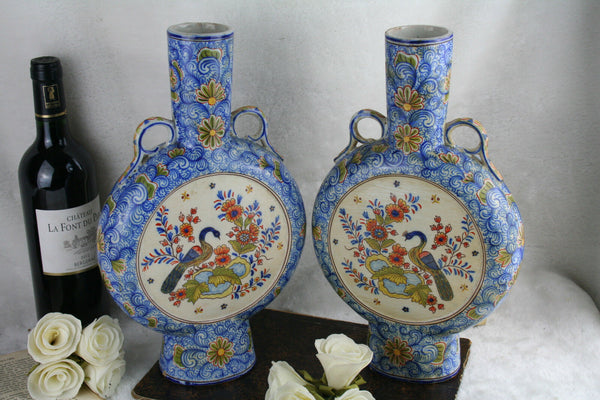 Unusual RARE DELFT marked Kocks Moonflask floral polychrome peacock Vases