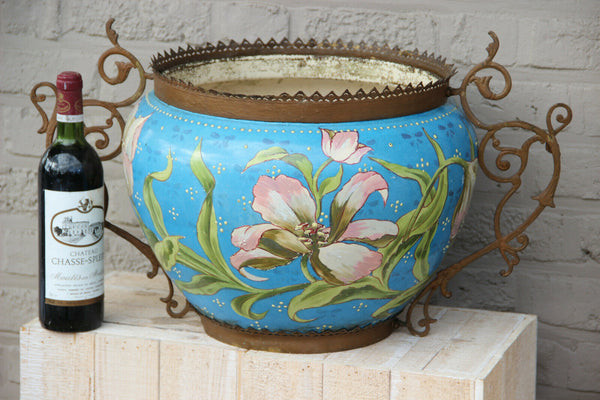 HUGE Antique Art nouveau ceramic barbotine enamel Planter jardiniere Floral