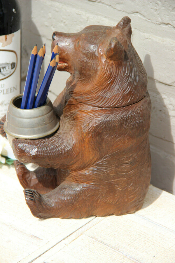 LARGE Antique hand Black forest wood carved swiss bear statue desk pen holder
