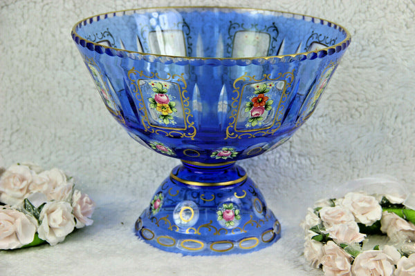 Antique Bohemian Moser enamel blue glass coupe centerpiece bowl flowers