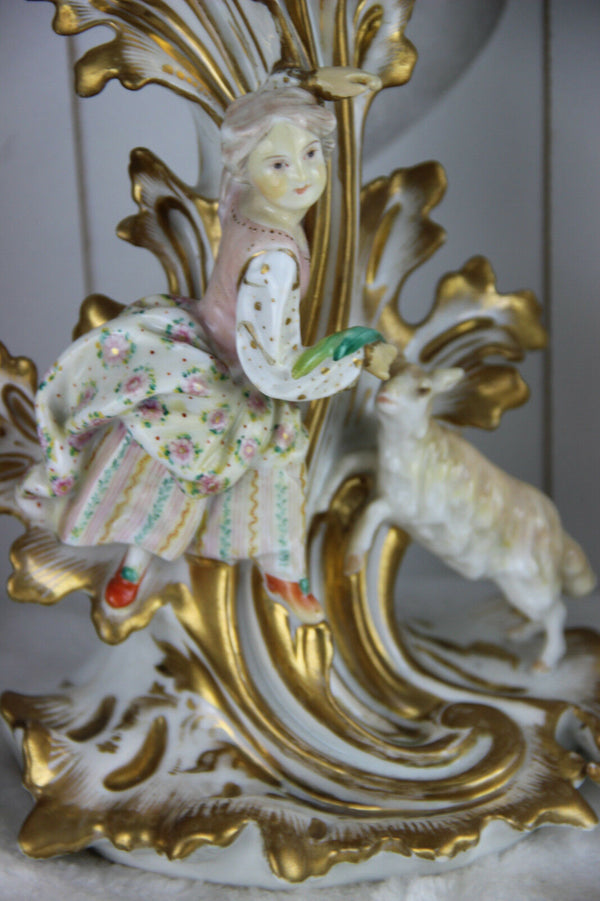 Rare French PAIR antique 19th c vieux paris porcelain Vases Sheperd figurines