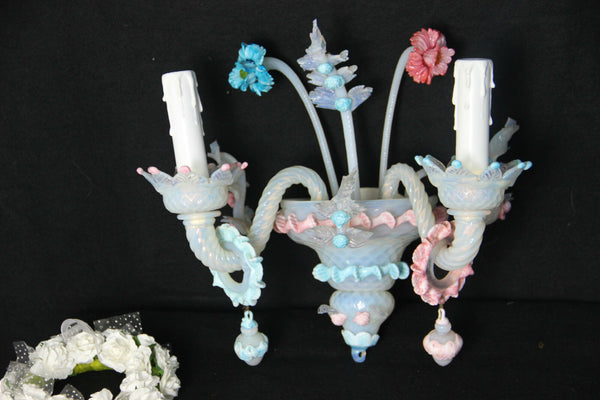 PAIR Murano hand blown glass Venetian wall lights sconces 1970 multi pink blue