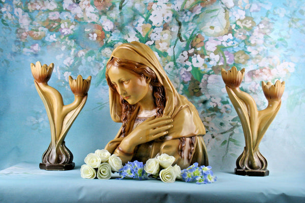 French altar Buste set Holy Virgin Mary Madonna with 2 matching candleholders