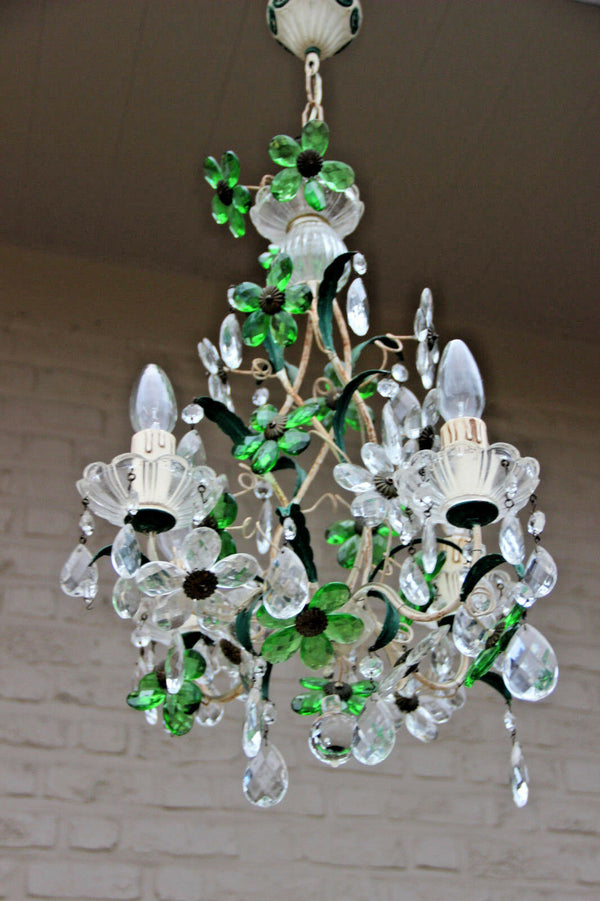 French Crystal glass green daisy flower chandelier pendant attr maison bagues