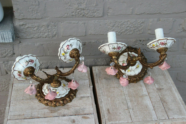 PAIR vintage French porcelain faience Wall lights sconces rose flowers