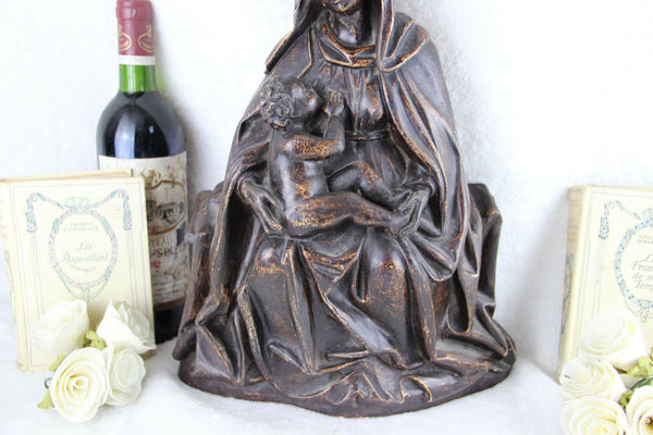 Large French antique Chalkware madonna with child religious statue