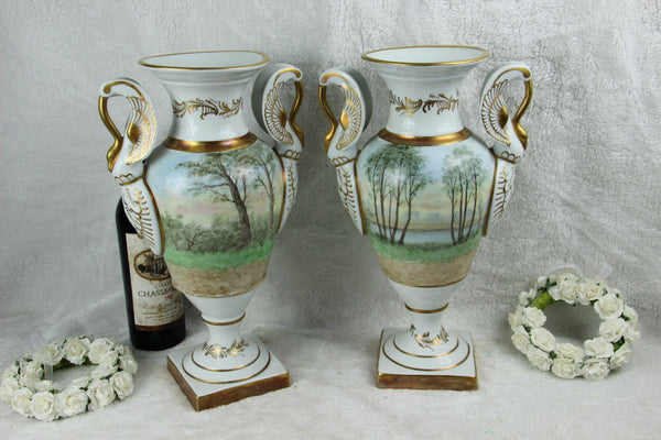 PAIR large French porcelain Vases victorian romantic scene swan birds