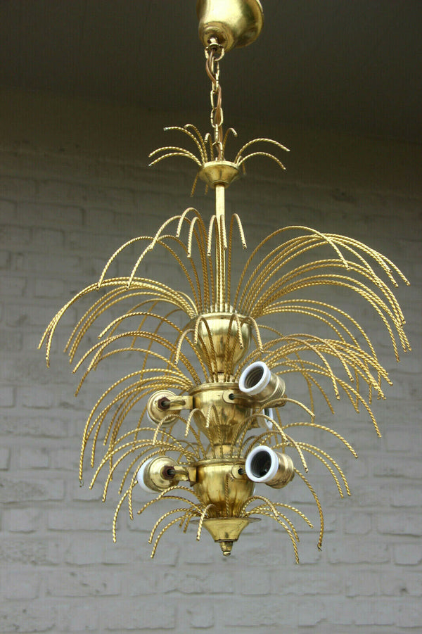 Mid century 1960 brass metal  maison jansen era palm tree chandelier pendant n2