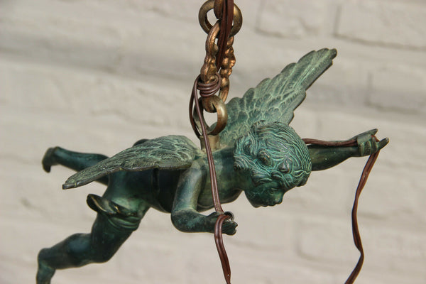 Antique French Bronze green patina putti angel chandelier pendant tulip glass