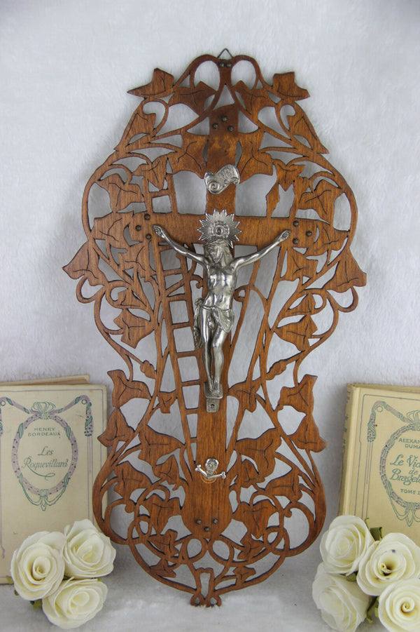 Rare vtg French wood carved crucifix christ cross 1960's religious
