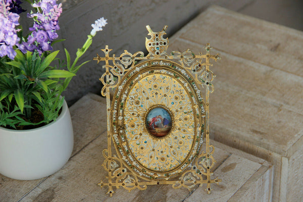 Rare french antique brass inlaid stones enamel porcelain medaillon picture frame