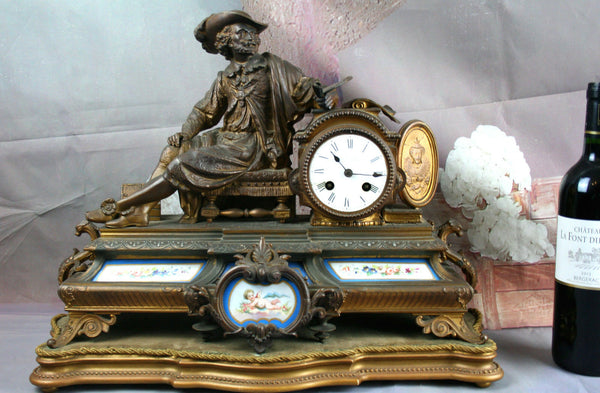 Antique French clock  sevres putti floral porcelain plaques dragon gothic 19thc