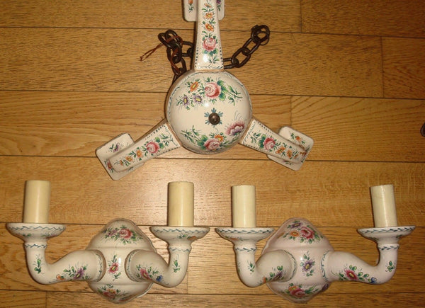 French Faience de Strasbourg Chandelier pendant with pair sconces wall lights