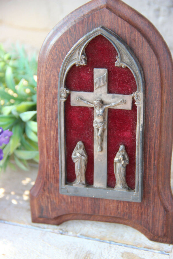 Antique French crucifix wood framed mary maria magdalena religious