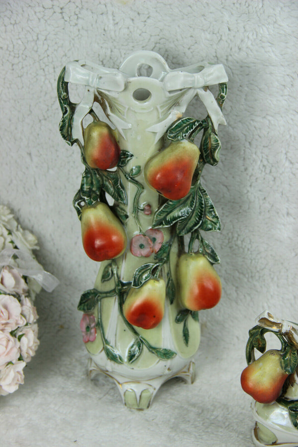 Antique art nouveau marked porcelain pear fruits relief vases mantel set