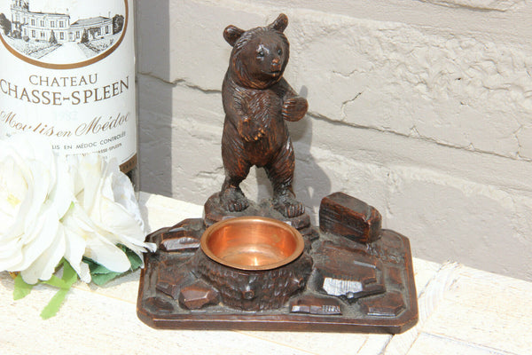 Antique hand Black forest wood carved swiss bear statue ashtray