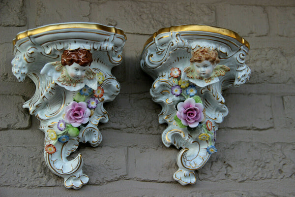 PAIR Plaue schierholz german porcelain putti angel porcelain Wall console floral