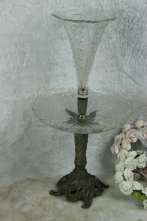 Antique French spelter glass cut Centerpiece 2 tier presentation tray