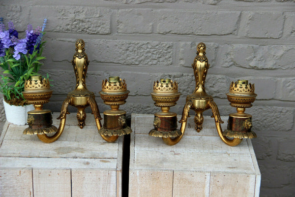 PAIR Vintage brass metal wall lights sconces double arm lion heads 1970