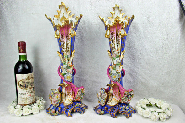 PAIR Antique french porcelain Vieux paris Vases floral attr Jacob petit top