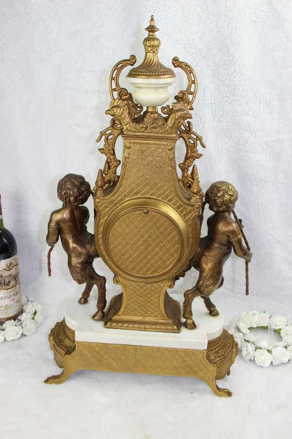 HUGE Bronze White marble putti faun figurines  mantel clock