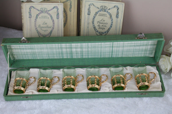 Set of 6 Vintage Green glass brass liquor Glasses set in original Box Czech 1960