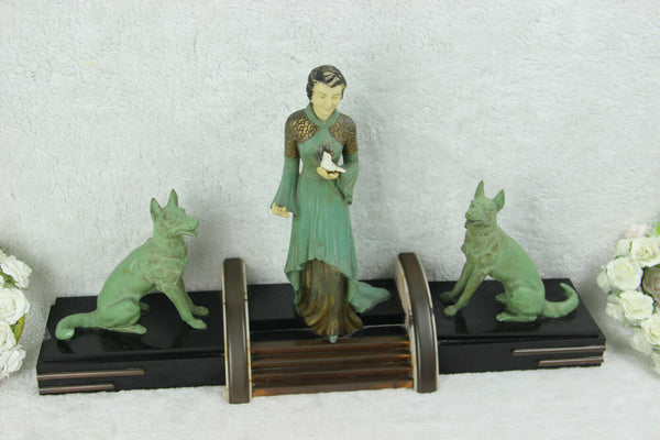 XL antique French art deco 1930 spelter marble lady bird dogs statue signed