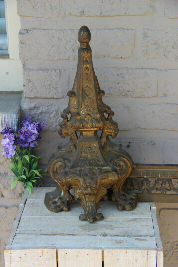 French antique bronze Fireplace andirons Set Lions gothic castle theme 19th c