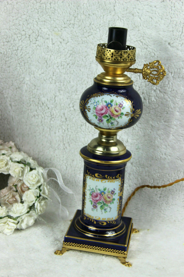 French Limoges Floral Table lamp porcelain blue marked lion paws