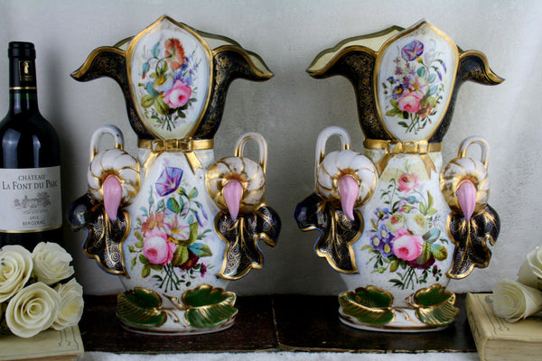 PAIR 19thC antique Bayeux Paris porcelain floral hand paint decor French Vases