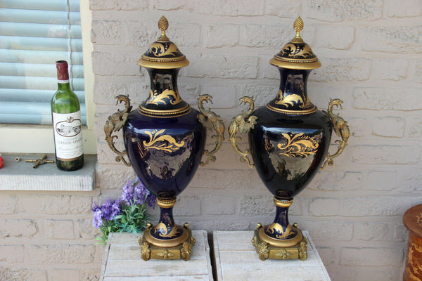 XL pair French porcelain de sevres Vases bronze dragons gothic Rare