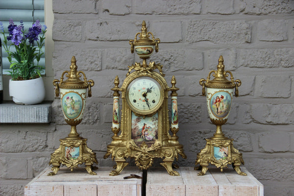 Stunning French Porcelain Clock set urns vases victorian romantic theme
