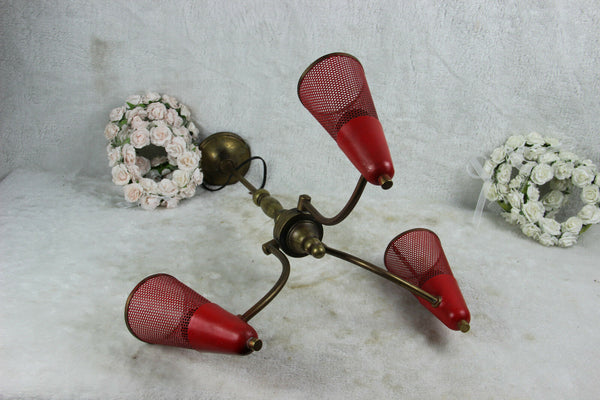 Mid century Retro perforated Metal red 3 arm MATEGOT Design chandelier