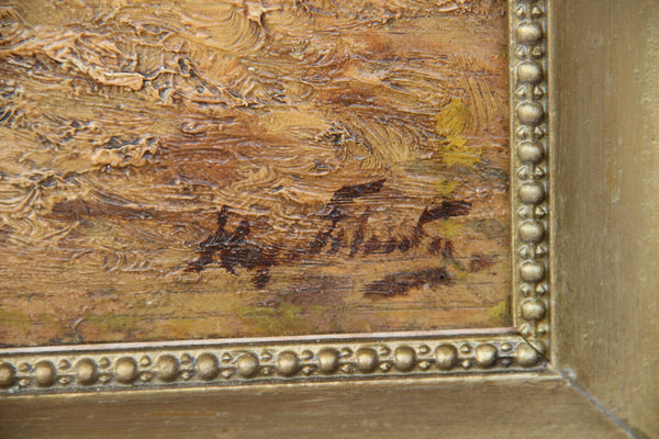 Antique oil on panel HENRY SCHOUTEN painting farmer and his dog bulls signed