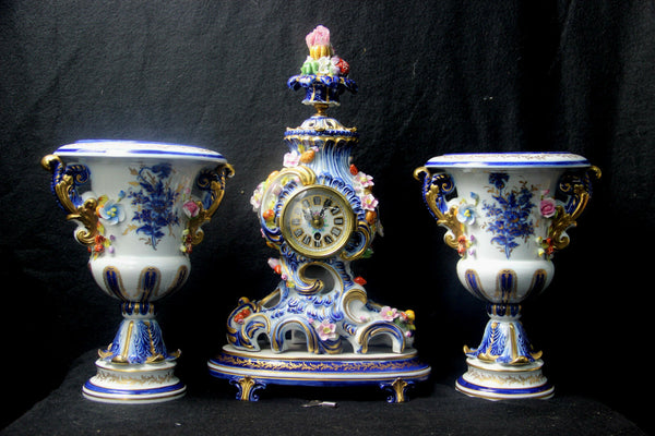 Set French clock vases sevres porcelain relief floral decor