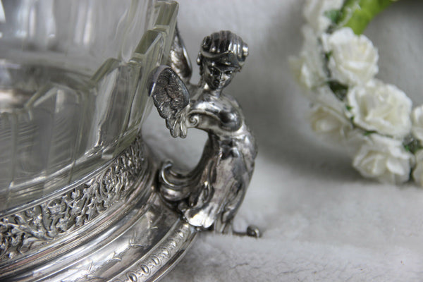 Antique French centerpiece bowl crystal glass cut caryatid mythological figurine