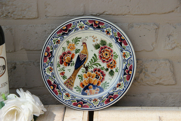 DELFT vintage polychrome pottery ceramic peacock bird plate flowers
