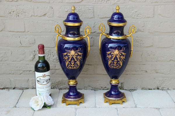 PAIR French Sevres Limoges cobalt blue romantic Scene Vases