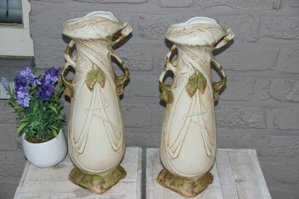 PAIR Art nouveau Royal dux bohemia porcelain enamel fruit vases marked