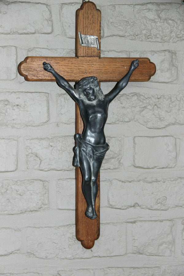 antique french religious metal and wood  crucifix